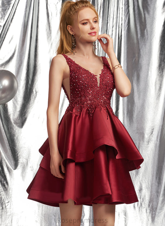 Lace Homecoming V-neck Dress Satin Short/Mini Beading A-Line Homecoming Dresses Viola Sequins With