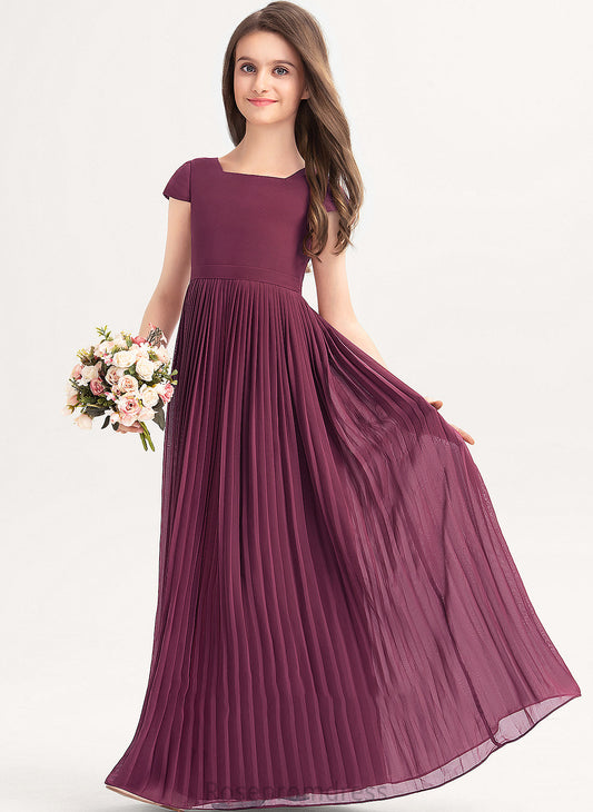 Junior Bridesmaid Dresses Winnie With Chiffon Pleated Floor-Length Square Bow(s) Lace A-Line Neckline