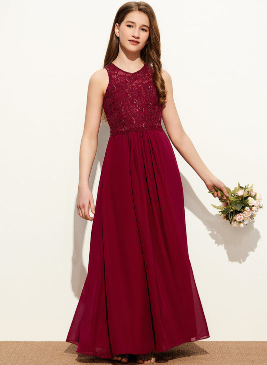 Jamie With Neck Chiffon Sequins Scoop Floor-Length Junior Bridesmaid Dresses Lace A-Line