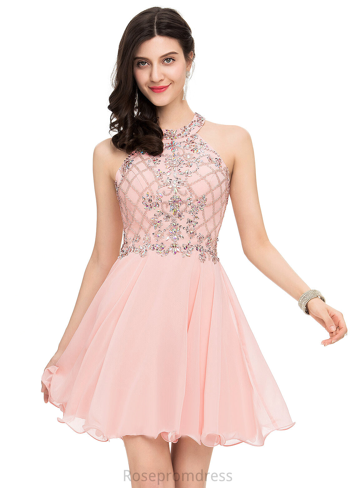 A-Line Neck Homecoming Dresses Homecoming Sequins Dress Short/Mini Beading With Scoop Chiffon Kiara