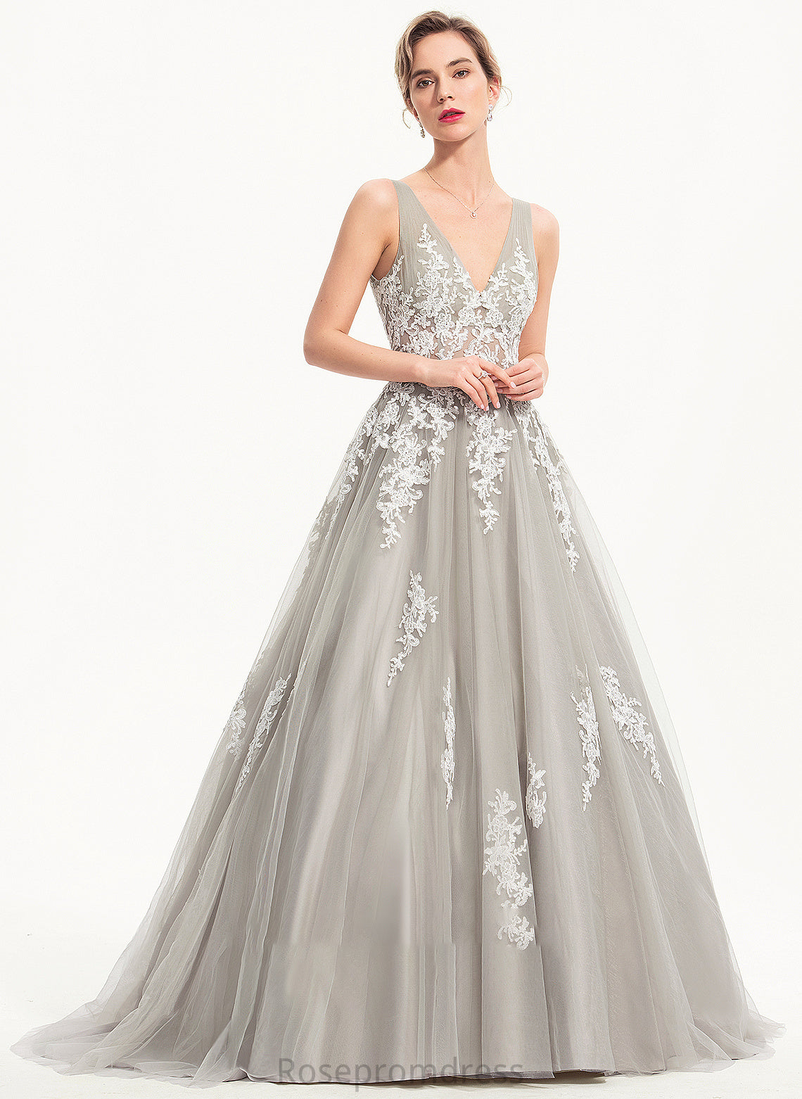 Jaylyn Prom Dresses Train Tulle V-neck Ball-Gown/Princess Sweep