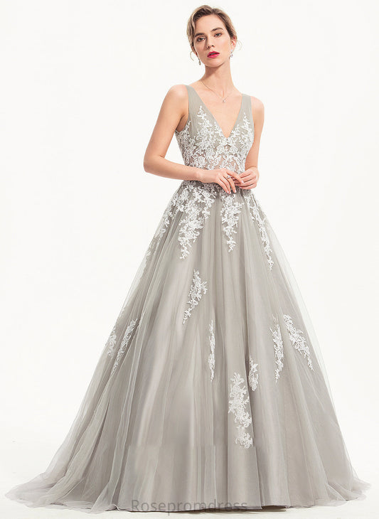 Jaylyn Prom Dresses Train Tulle V-neck Ball-Gown/Princess Sweep