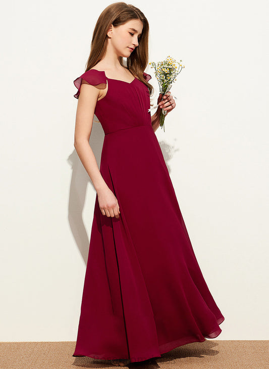 Junior Bridesmaid Dresses V-neck Edith A-Line Chiffon Floor-Length With Ruffle