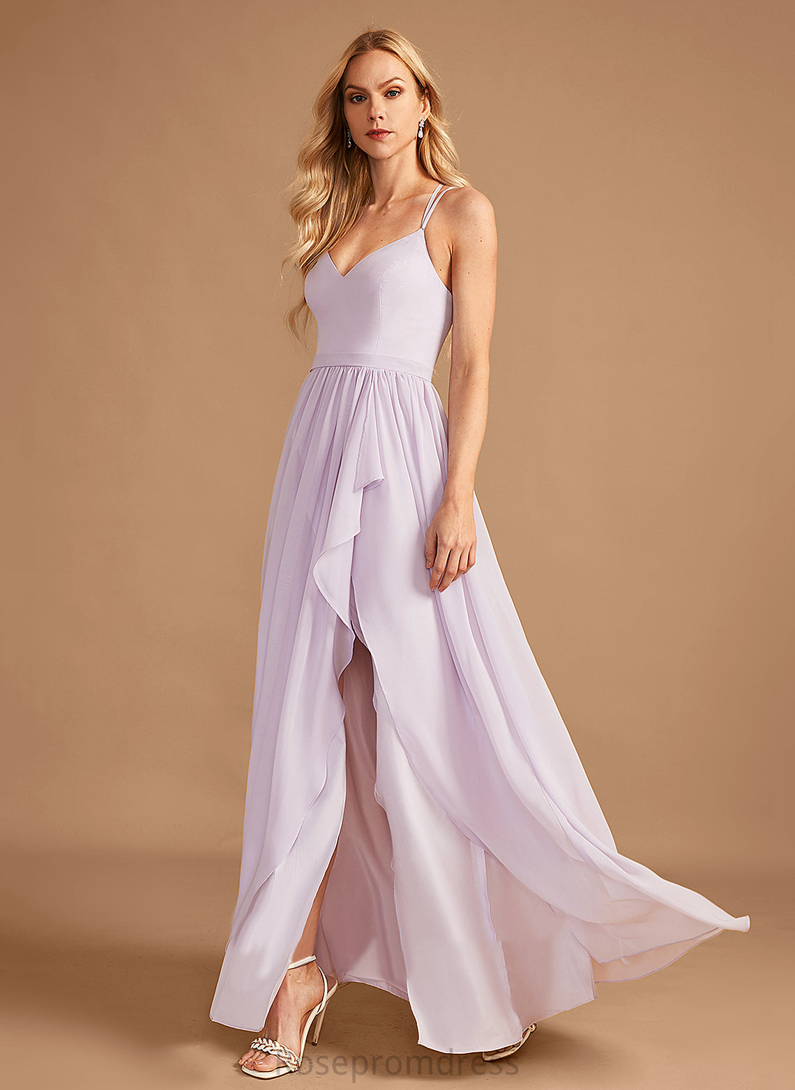 SplitFront Fabric Neckline Length Ruffle Embellishment Asymmetrical A-Line V-neck Silhouette Kailee Bridesmaid Dresses