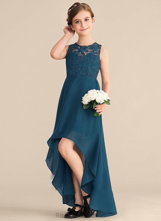 Scoop Chiffon Junior Bridesmaid Dresses Neck Kamora Asymmetrical A-Line Lace