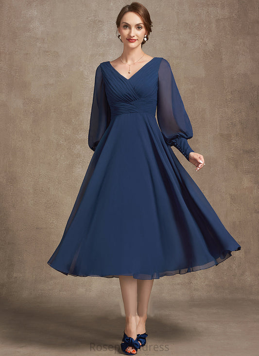 the Mother V-neck Ruffle Lilly Chiffon of With Dress Bride Tea-Length Mother of the Bride Dresses A-Line