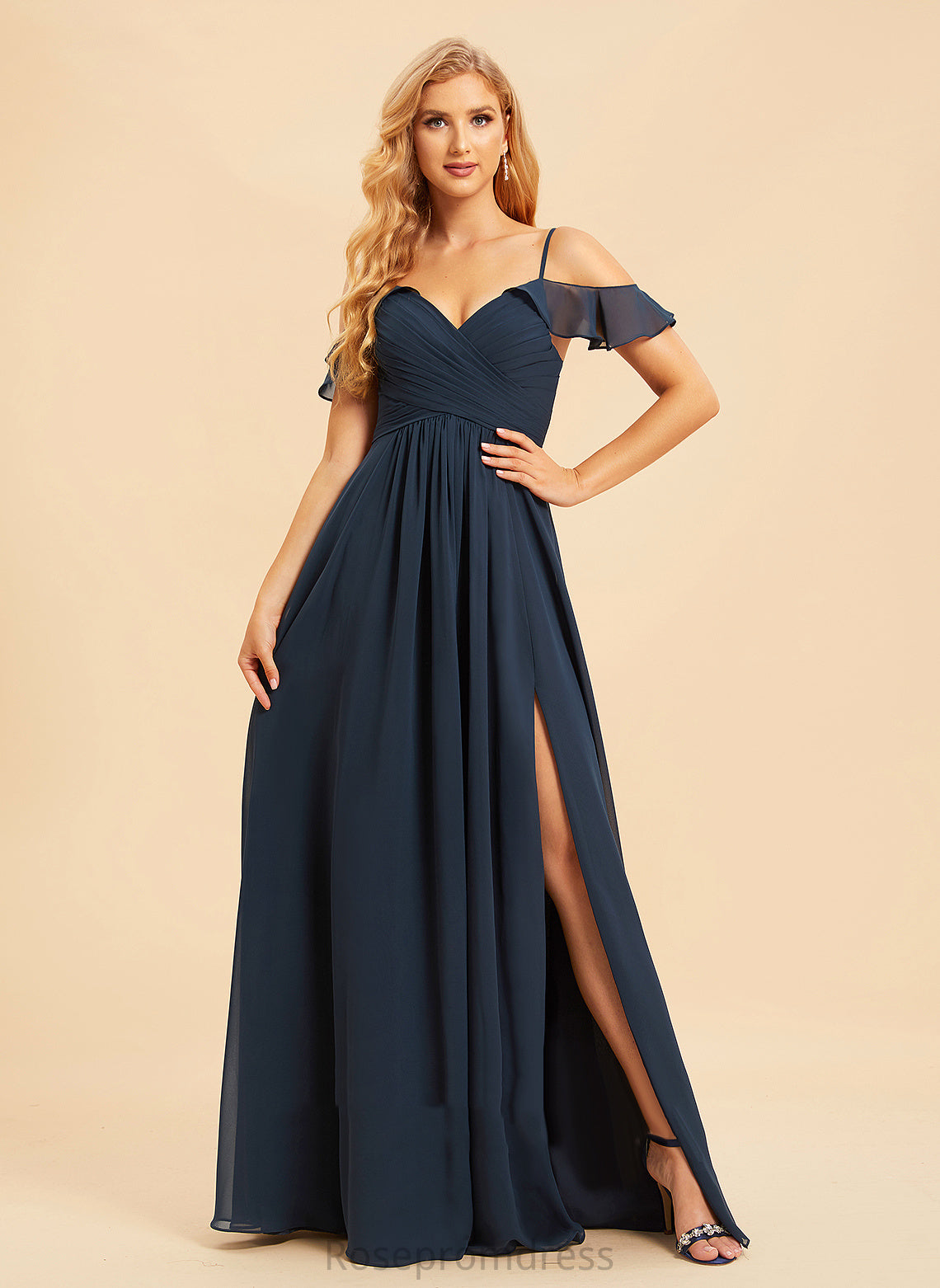 A-Line Fabric V-neck Embellishment Floor-Length SplitFront Silhouette Neckline Length Paula Sleeveless A-Line/Princess Bridesmaid Dresses