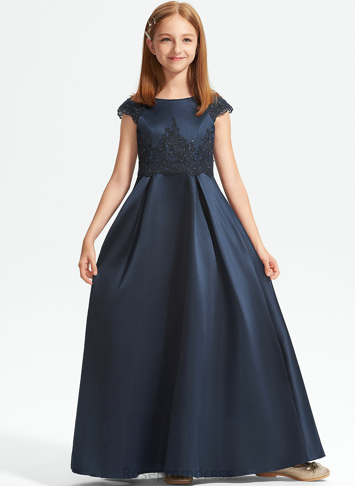 Scoop Satin Neck Floor-Length Sequins Taliyah Lace With Beading Bow(s) A-Line Junior Bridesmaid Dresses