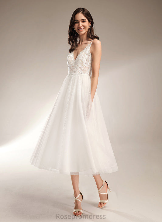 V-neck Wedding Lace Laurel Tea-Length A-Line Dress Tulle Wedding Dresses