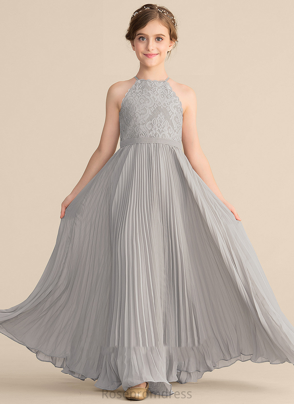 Junior Bridesmaid Dresses Olympia Floor-Length Lace Pleated Chiffon A-Line With Neck Scoop