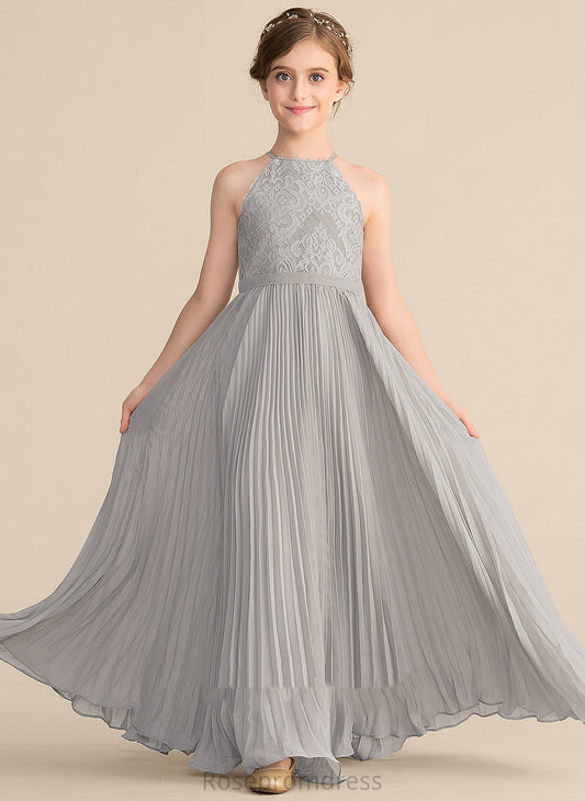 Junior Bridesmaid Dresses Olympia Floor-Length Lace Pleated Chiffon A-Line With Neck Scoop