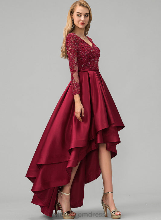 Eliana Satin With V-neck Beading Ball-Gown/Princess Asymmetrical Sequins Prom Dresses