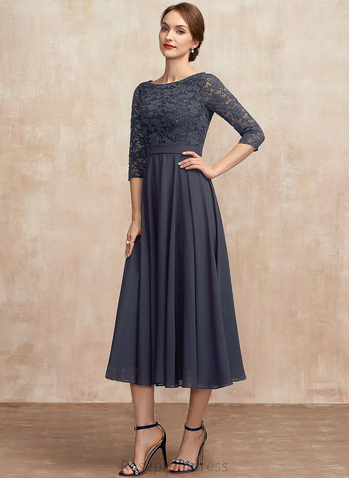 the Dress of Chiffon Philippa Mother of the Bride Dresses Scoop Bride With Tea-Length A-Line Neck Sequins Lace Mother