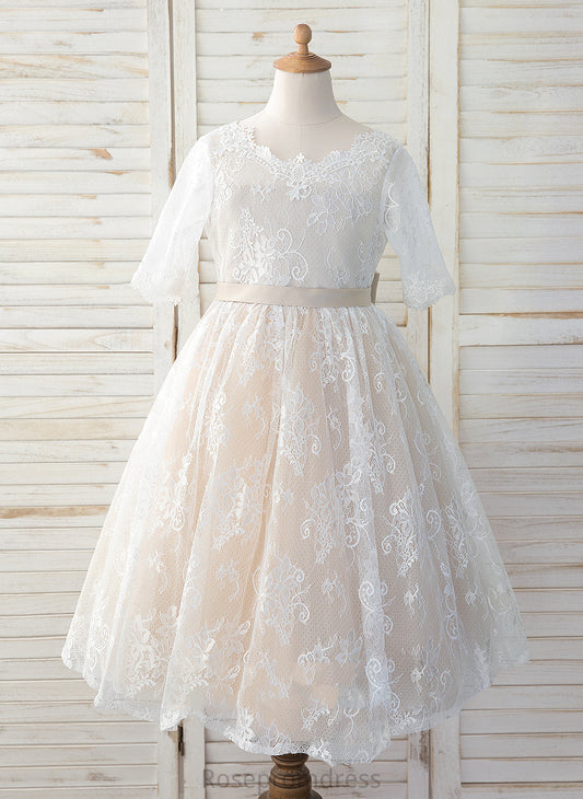 Girl Cecelia Scoop A-Line 3/4 Tulle/Lace Sleeves - Neck With Bow(s) Flower Girl Dresses Dress Tea-length Flower