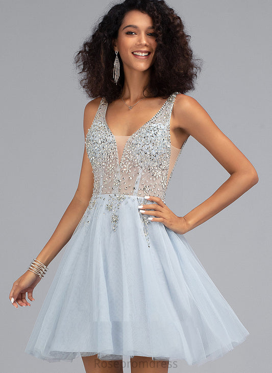 Dress Short/Mini Homecoming Dresses Homecoming Tulle With Sequins Beading Lesley A-Line V-neck