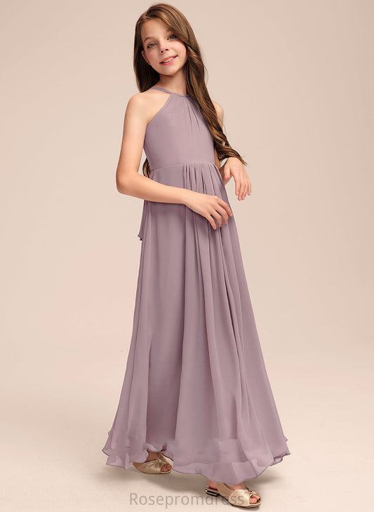 With Ruffles Scoop Bethany Junior Bridesmaid Dresses Floor-Length Cascading Chiffon Neck A-Line