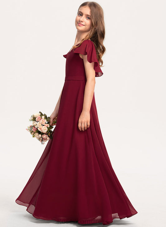 V-neck Chiffon Gabriela Cascading With Floor-Length Junior Bridesmaid Dresses A-Line Ruffles