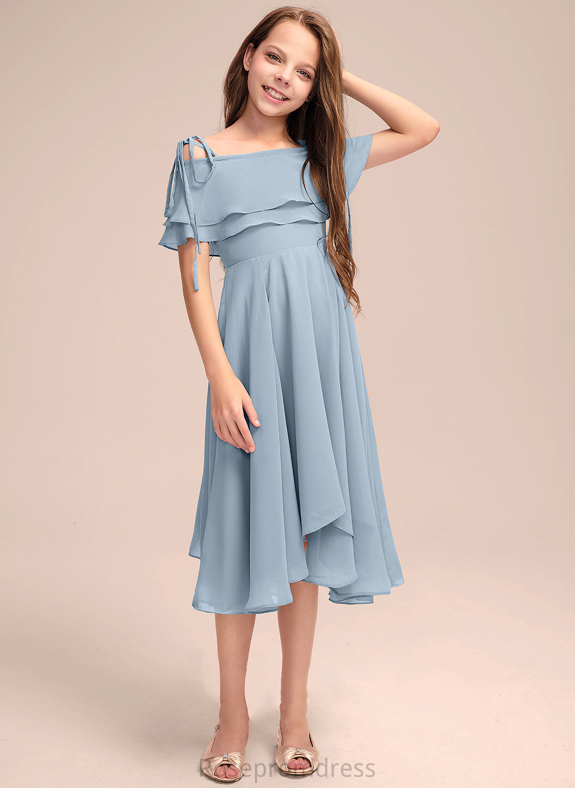 Off-the-Shoulder A-Line Asymmetrical Ruffles Junior Bridesmaid Dresses Chiffon Cascading With Katrina