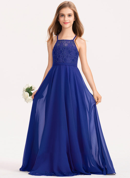 Junior Bridesmaid Dresses Vivian Neckline Lace Square Floor-Length Chiffon A-Line