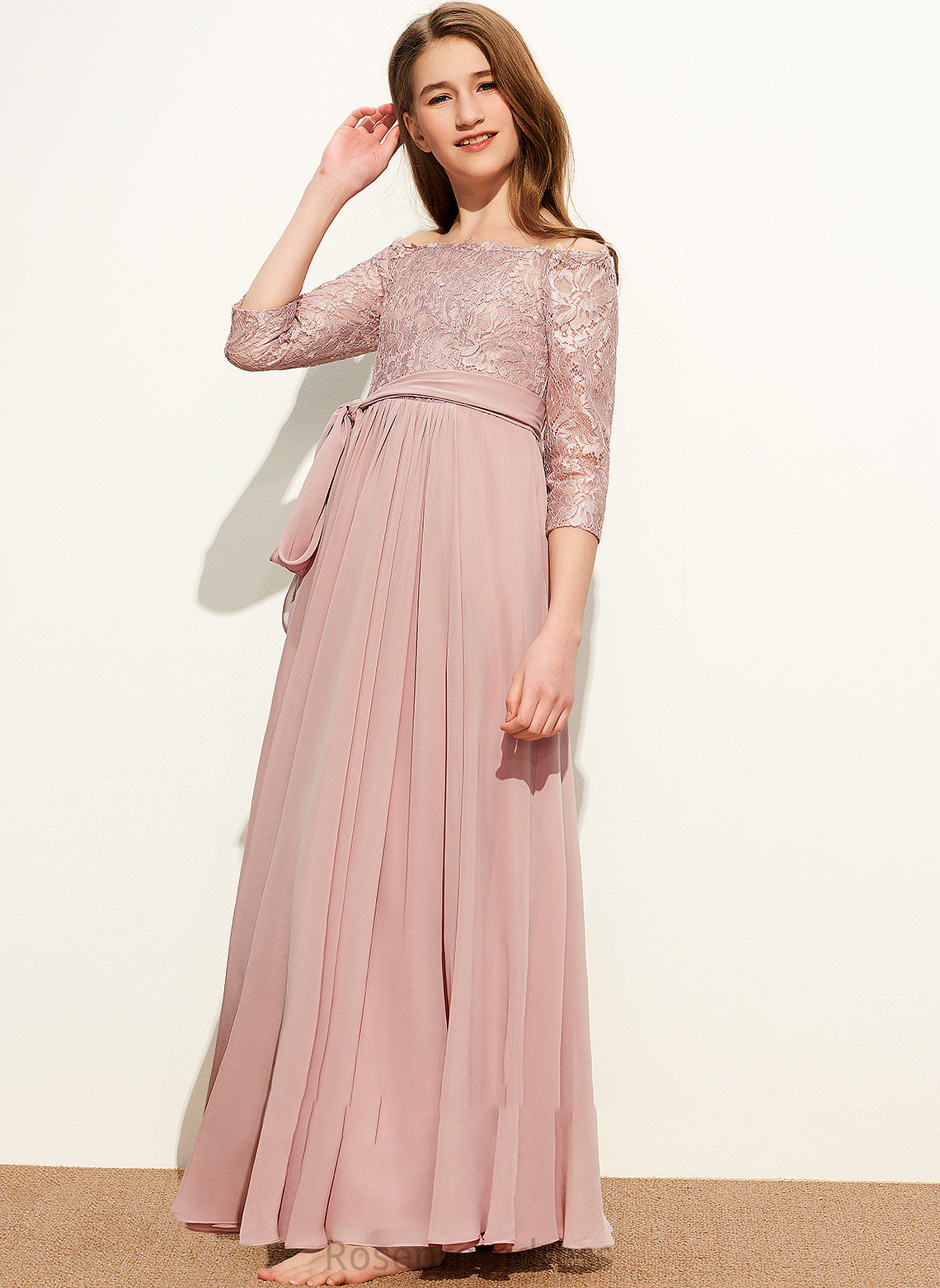 With A-Line Floor-Length Corinne Junior Bridesmaid Dresses Chiffon Lace Off-the-Shoulder Bow(s)