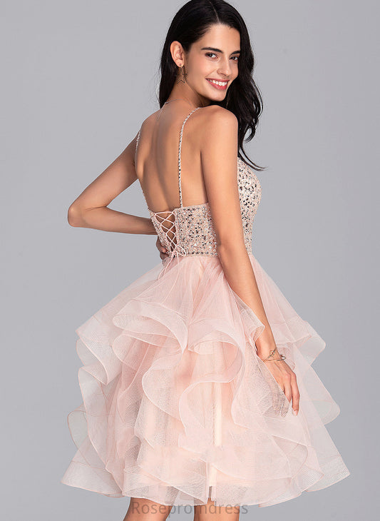 Dress V-neck Tulle Knee-Length Ball-Gown/Princess With Halle Beading Homecoming Dresses Homecoming Sequins