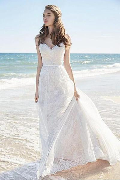 Chic A-Line Sweetheart Backless Lace Beach Spaghetti Straps Long Wedding Dresses RS375