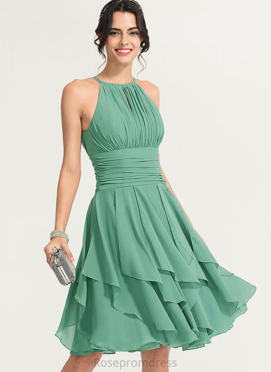 A-Line Dress Chiffon Cocktail Ruffle Ruffles Scoop Neck Knee-Length Viola With Cascading Cocktail Dresses