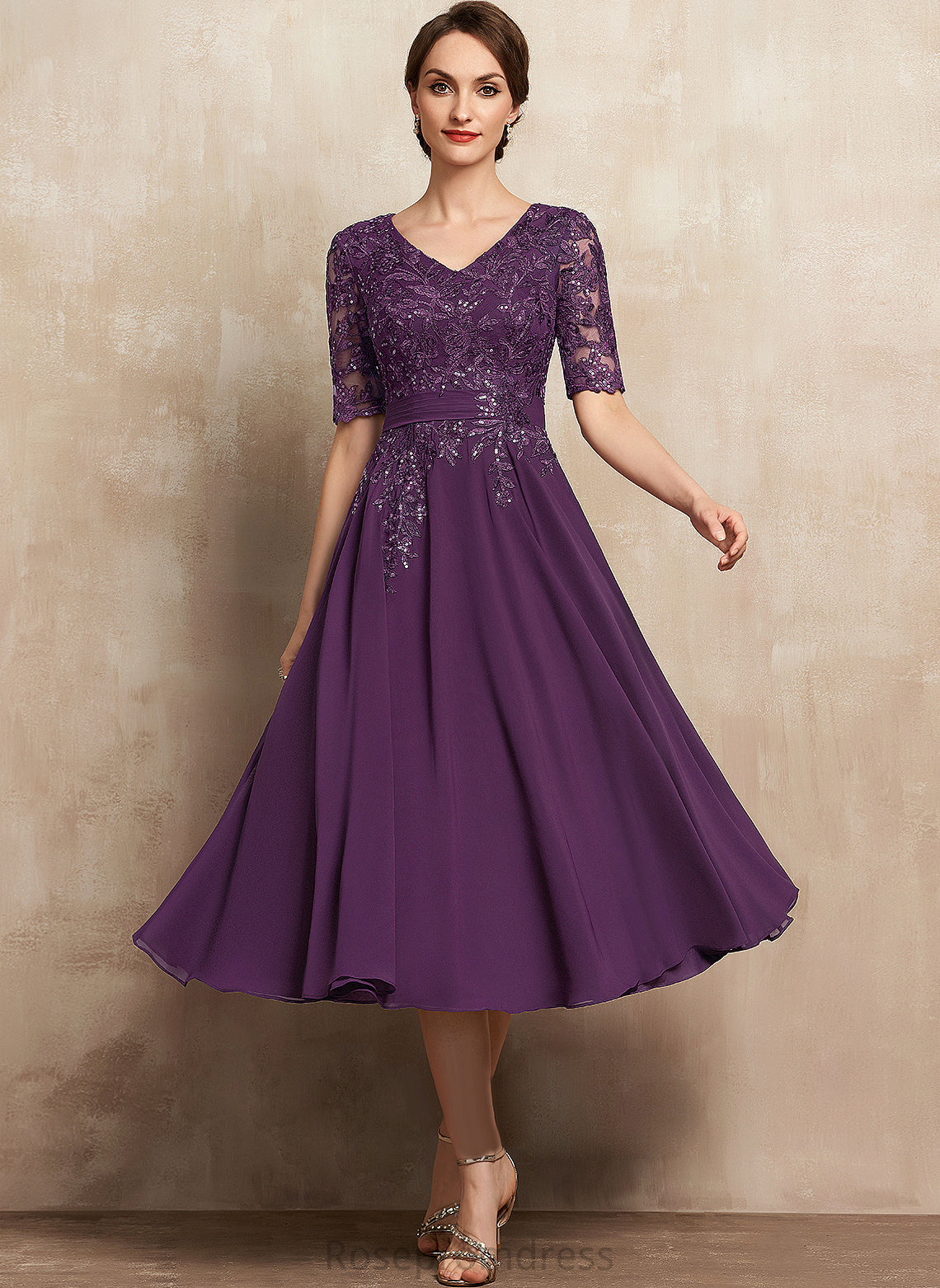 Lace Sequins Mattie Dress Cocktail V-neck Cocktail Dresses Chiffon A-Line Tea-Length With