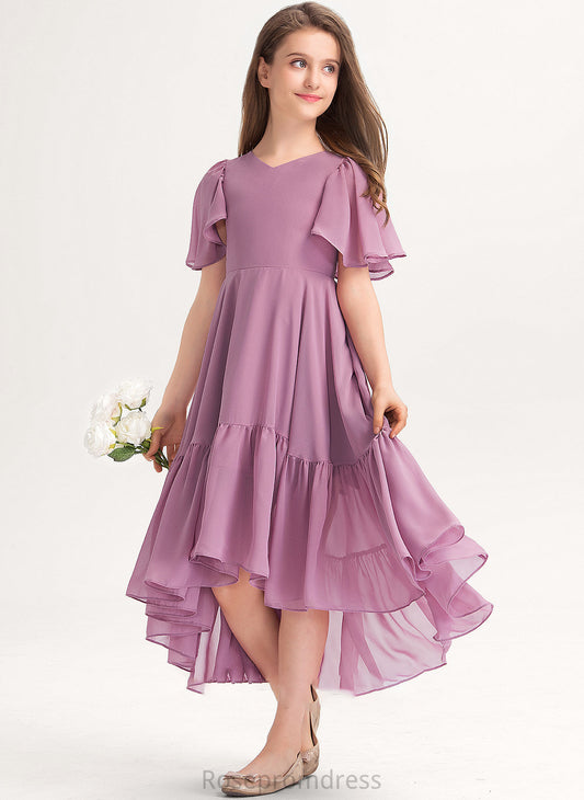 Cascading Asymmetrical Prudence Ruffles With Junior Bridesmaid Dresses Chiffon V-neck A-Line