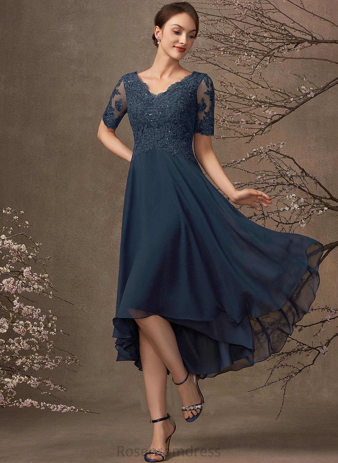 the Sequins Chiffon Bride Lace A-Line Mother With of Dress Asymmetrical V-neck Elle Mother of the Bride Dresses