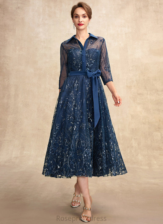 With Lace Tea-Length of the Mother of the Bride Dresses Chiffon Bride Bow(s) Sequins V-neck Mother Dress Serenity A-Line