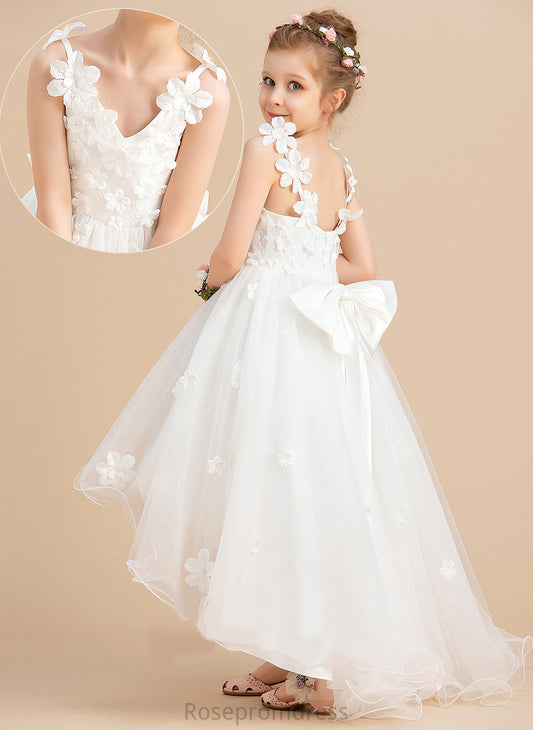 Flower Beading/Flower(s)/Bow(s) Dress Flower Girl Dresses Tulle - With Sleeveless Ball-Gown/Princess V-neck Kate Asymmetrical Girl