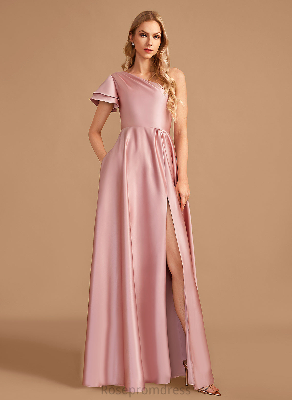 A-line Neckline Fabric Satin Floor-Length Length OneShoulder Straps&Sleeves Silhouette Millie A-Line/Princess Tea Length Bridesmaid Dresses