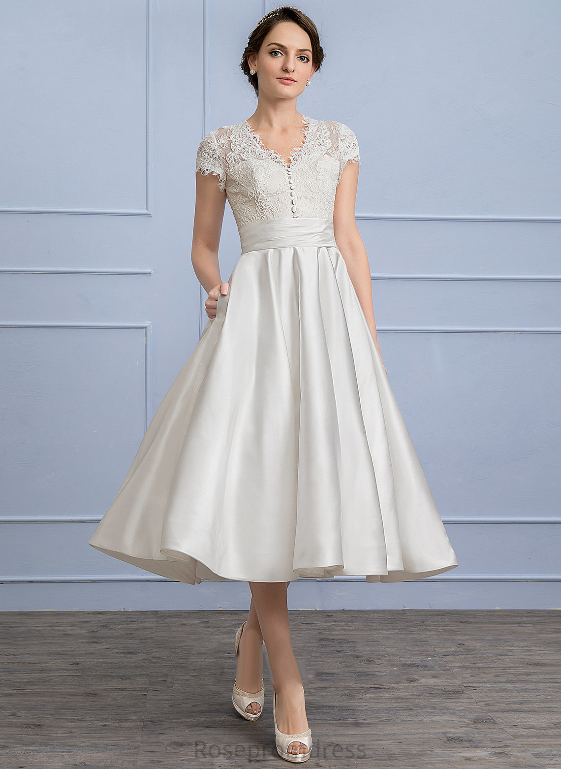 Ruffle A-Line Tea-Length Wedding Dresses Dress With Satin Wedding V-neck Lace Annalise