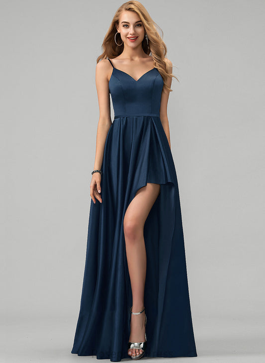 Front With Prom Dresses Split Lesley Floor-Length Cascading V-neck Ruffles Satin A-Line