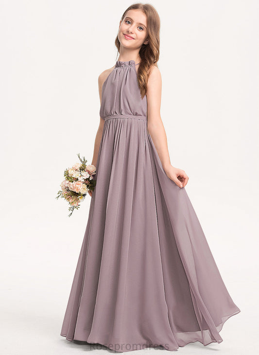 Junior Bridesmaid Dresses Chiffon Bow(s) Cascading Ruffles Uerica Neck With High A-Line Floor-Length