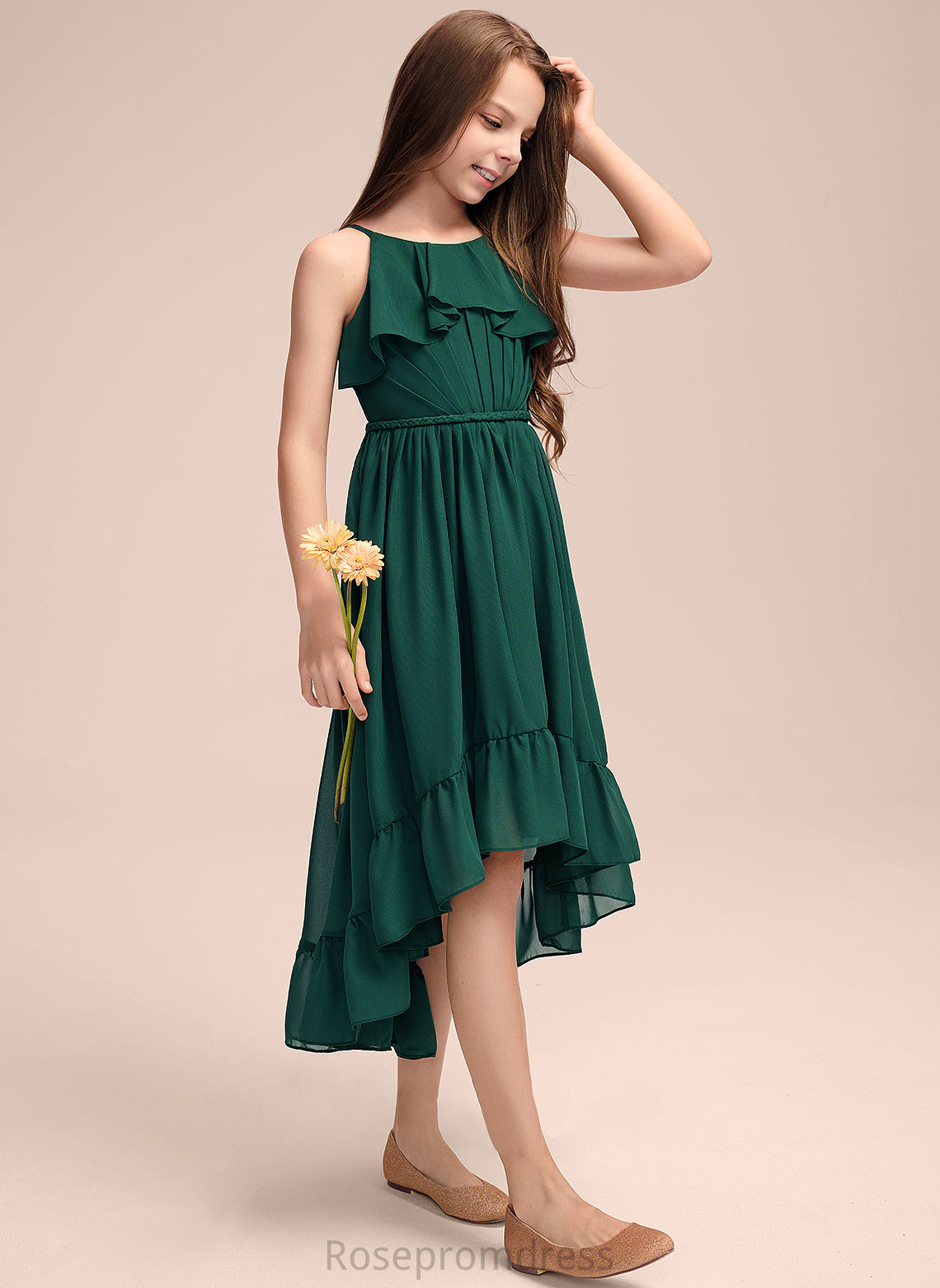 Asymmetrical Ruffles Makayla A-Line Cascading Scoop Neck Junior Bridesmaid Dresses Chiffon With