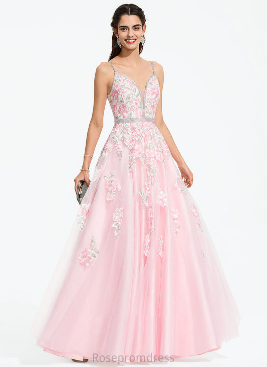 Floor-Length V-neck Tulle Ball-Gown/Princess Prom Dresses With Jasmin Beading Sequins