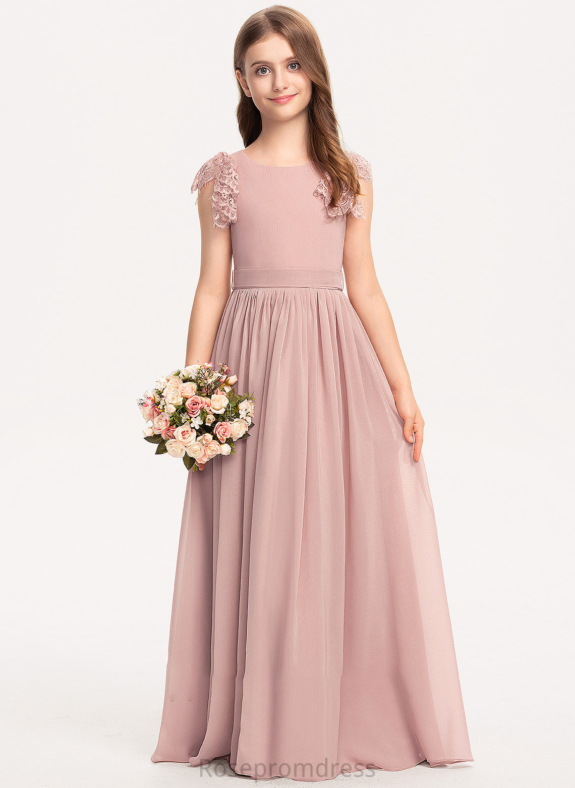 Neck Lace A-Line Bow(s) Scoop Junior Bridesmaid Dresses Kaydence Floor-Length Chiffon With