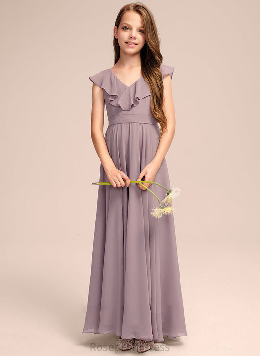 Cascading A-Line Chiffon V-neck Junior Bridesmaid Dresses Muriel Ruffles With Floor-Length