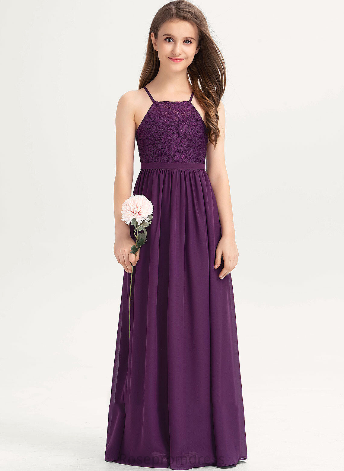 Louisa Bow(s) A-Line Square Lace With Neckline Junior Bridesmaid Dresses Floor-Length Chiffon