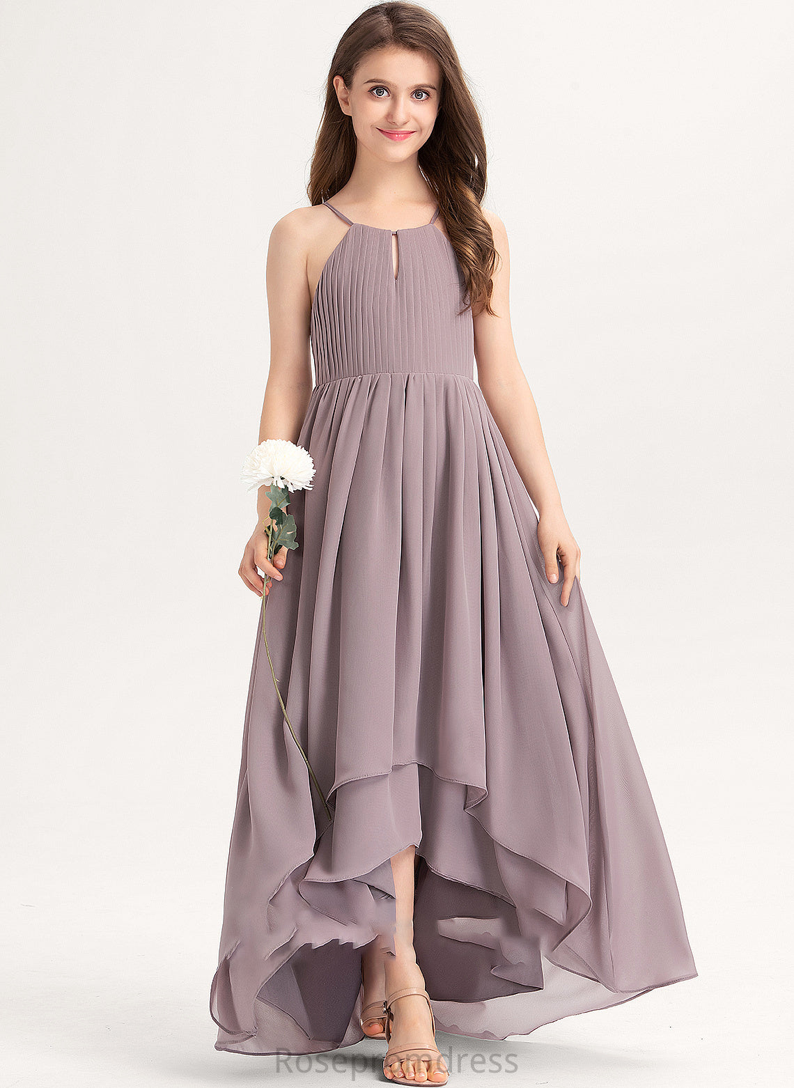 A-Line Ruffle Bow(s) Kiley Neck Junior Bridesmaid Dresses With Asymmetrical Chiffon Scoop