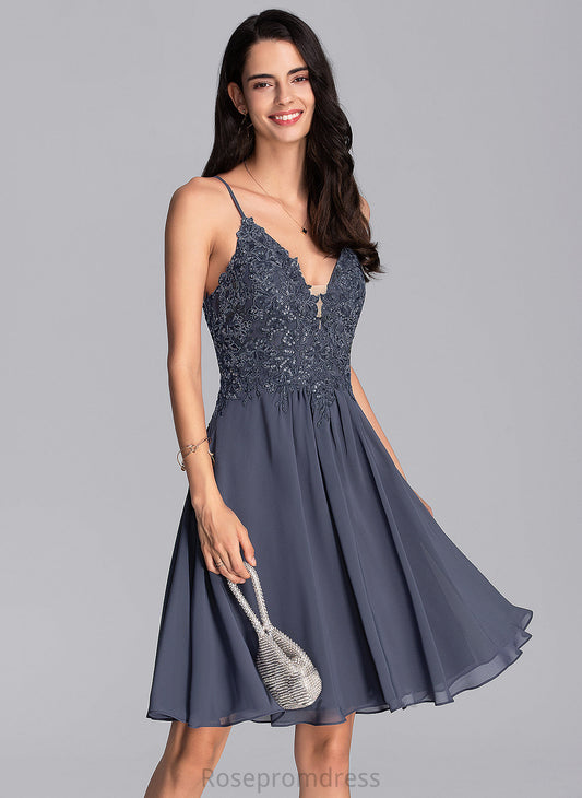 V-neck Homecoming Chiffon With Knee-Length Beading Dress A-Line Lace Elliana Homecoming Dresses