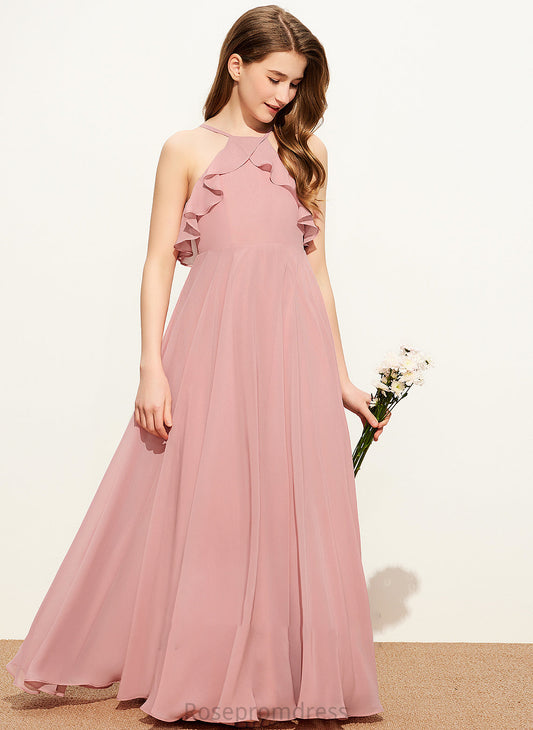 Floor-Length Sanai Ruffles Junior Bridesmaid Dresses Square Cascading Chiffon With A-Line Neckline