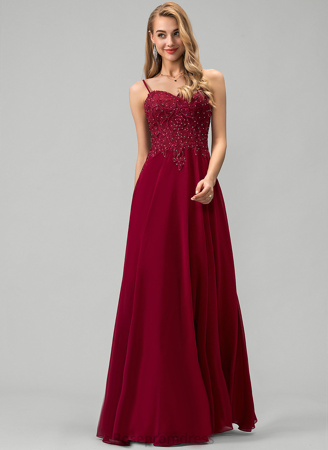 With Floor-Length Kaylynn Chiffon Rhinestone Lace Sweetheart A-Line Prom Dresses