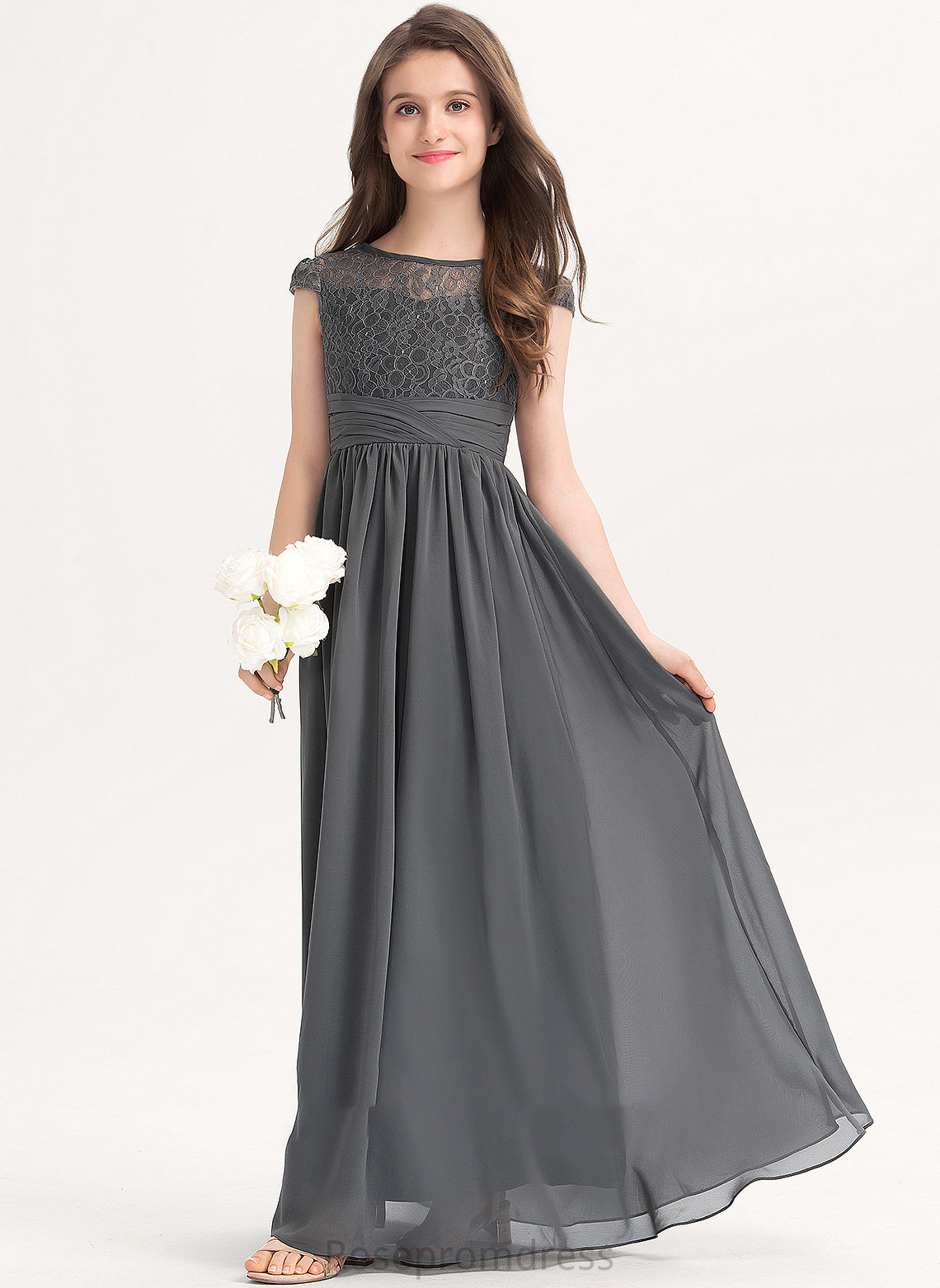 A-Line Ruffle Lace Neck Scoop Floor-Length Junior Bridesmaid Dresses Chiffon With Esperanza