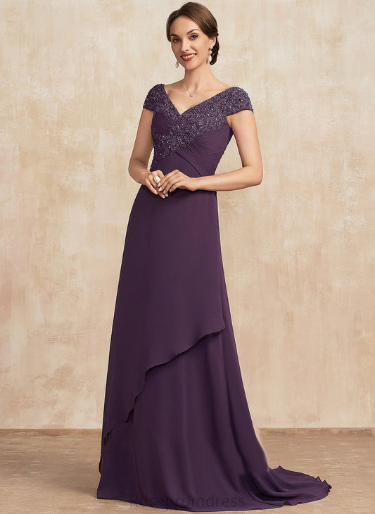 Tiffany A-Line Lace Bride Chiffon Mother Train Sweep Beading Ruffle V-neck Dress With of Mother of the Bride Dresses the