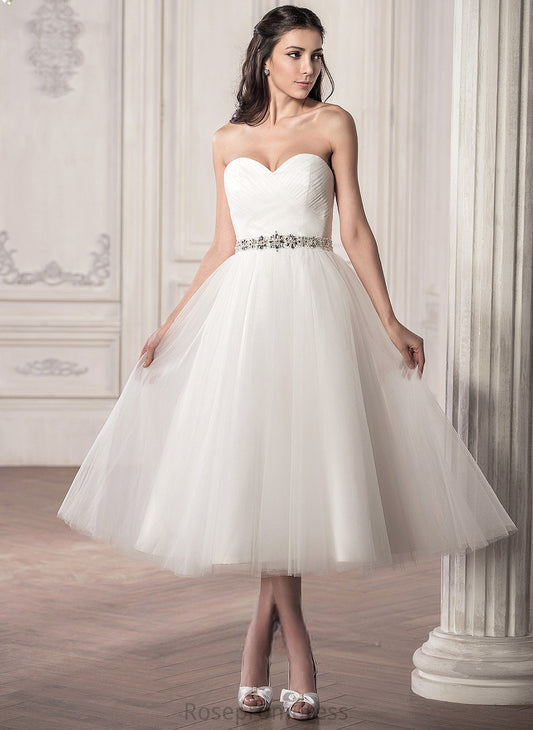 Dress With Sweetheart Sequins Wedding Dresses Beading Ruffle Tulle Wedding Tea-Length Satin A-Line America