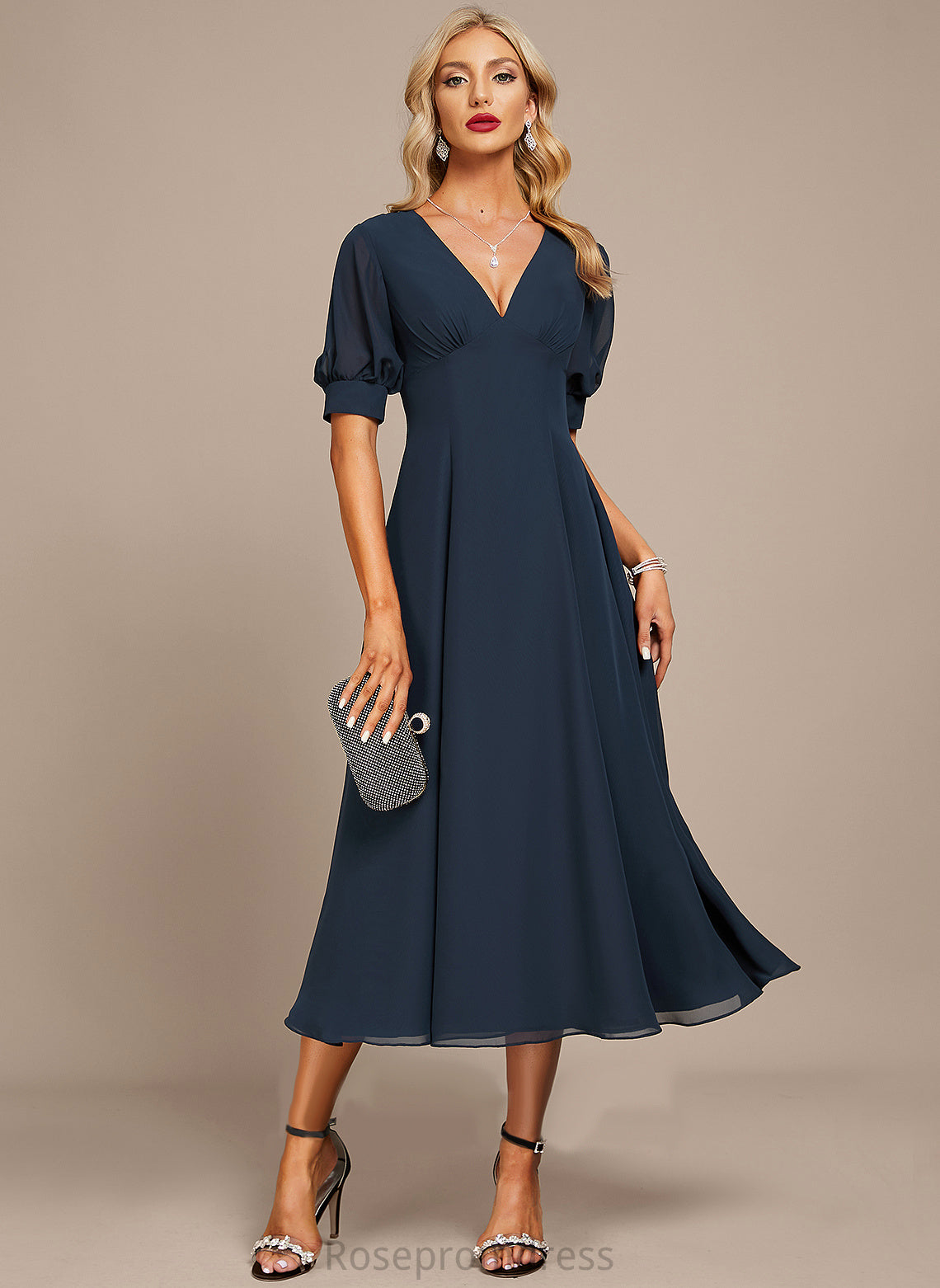 Ruffle Veronica Cocktail Dress A-Line With V-neck Cocktail Dresses Tea-Length Chiffon