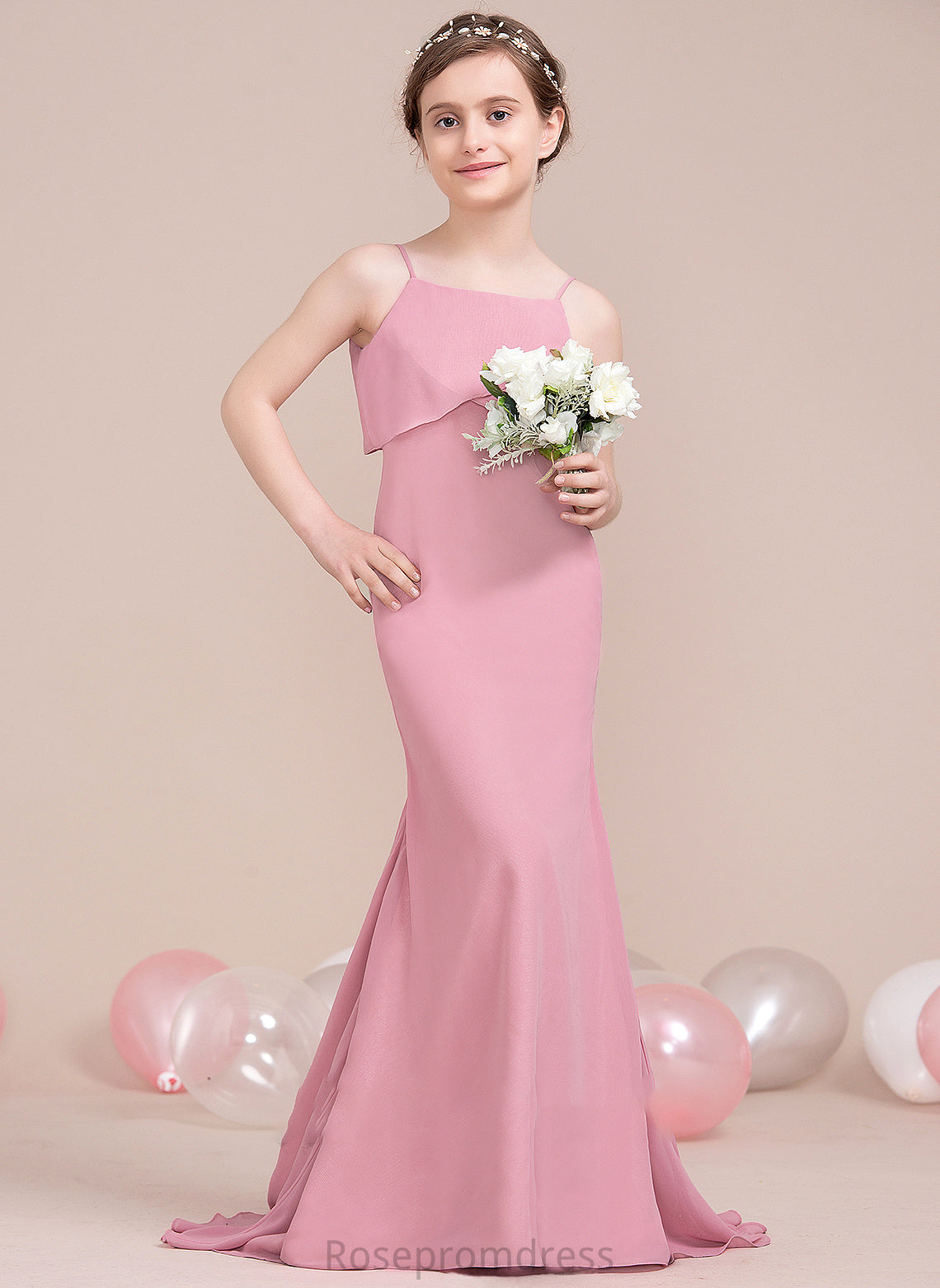 Train Junior Bridesmaid Dresses Hayley Sweep Ruffles Chiffon Cascading Trumpet/Mermaid Neckline With Square